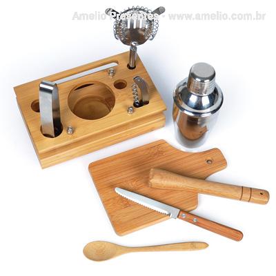 Kit Caipirinha/Bar 8 peças em Bambu Coqueteleira