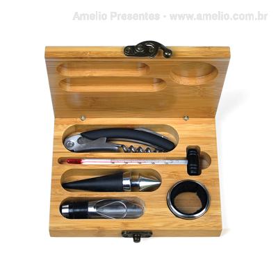 Kit Vinho 5 peças com estojo de bambu