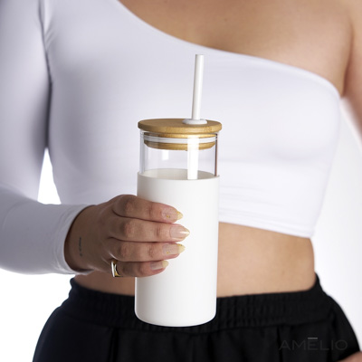 Copo Vidro - Tampa de Bambu e Canudo