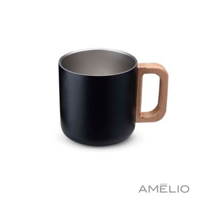 Caneca térmica com alça em madeira