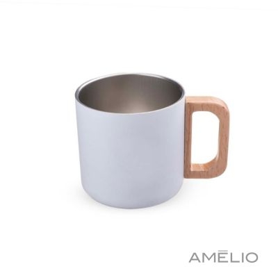 Caneca térmica com alça em madeira
